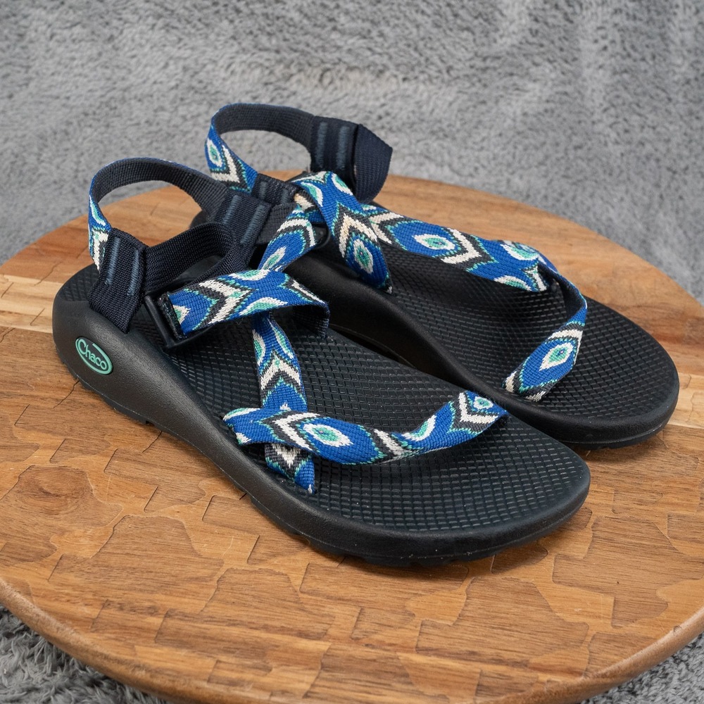 Chaco Classic Sport Sandals Womens Size 9 Blue Gray White Geometric Diamond Eco
